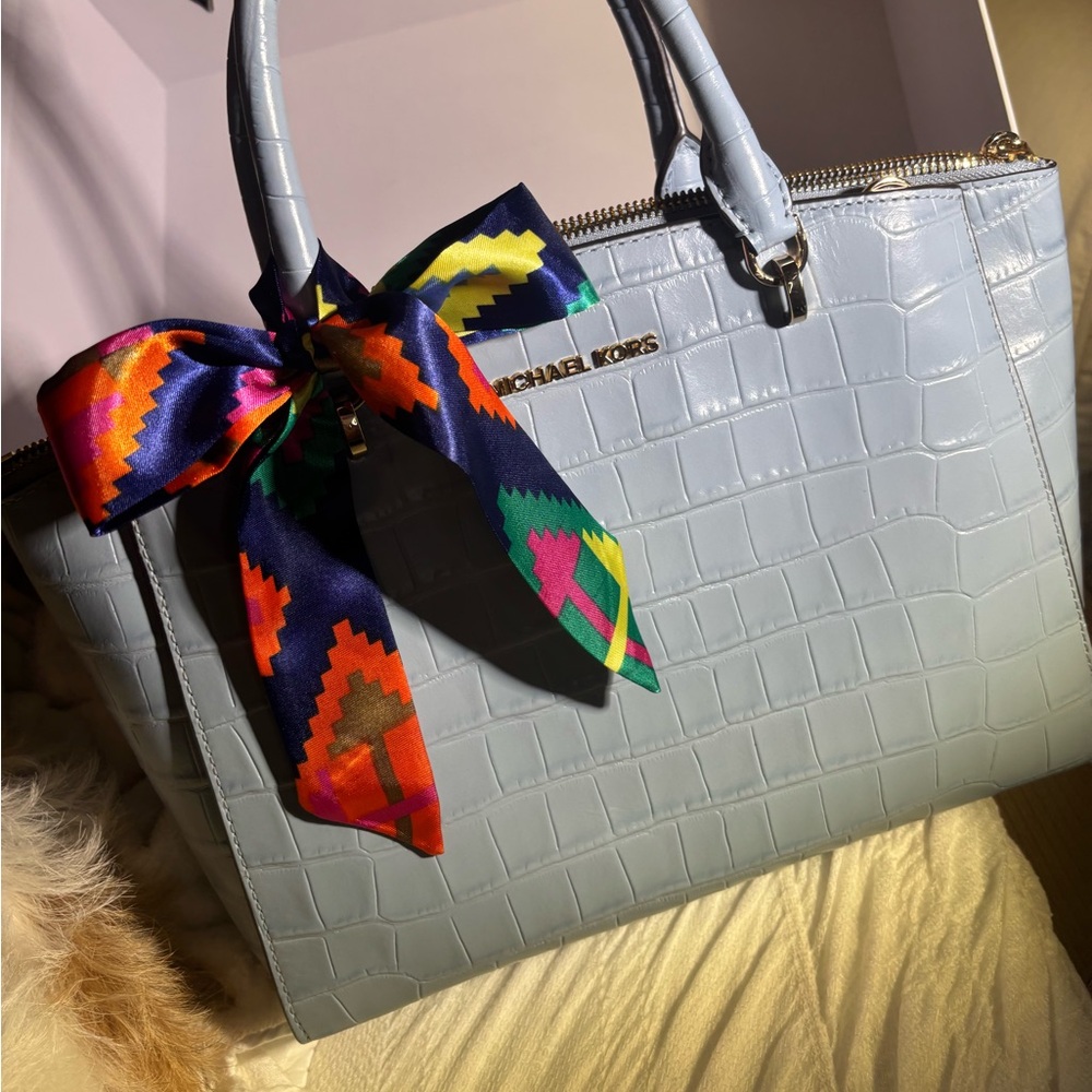 Michael Kors Blue Croc-Embossed Satchel with Multicolor Bow